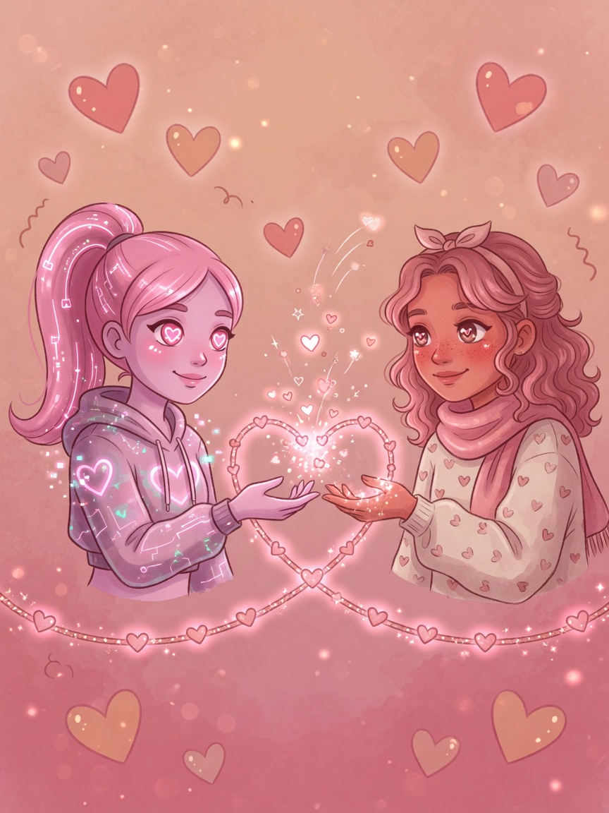 Sparkle transfer between digital twin avatar and real person avatar connected by a heart bridge