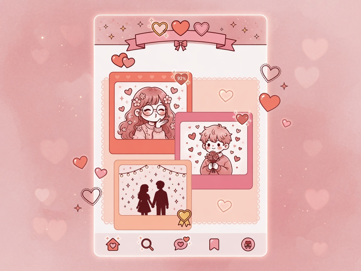 Romantic profile cards on a dashboard with heart icons