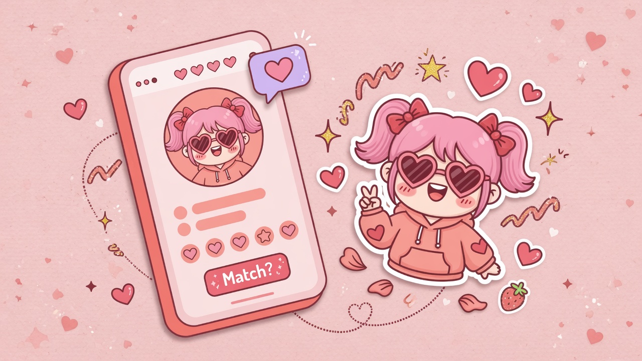 FlirtFilter digital twin app on a smartphone surrounded by hearts and sparkles